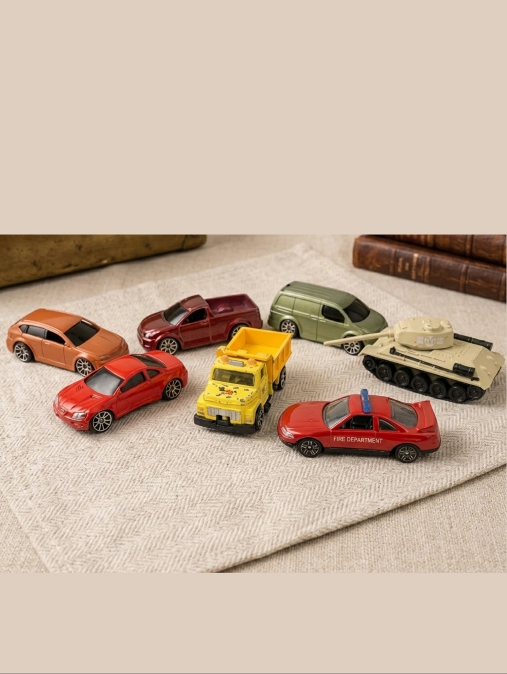 Curated Lot of 7 Vintage Motor Max Diecast vehicles: Cars, Truck, & Tank